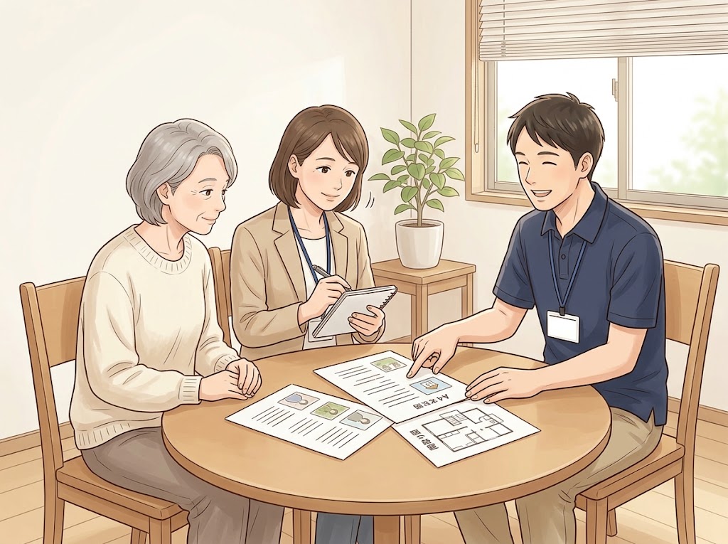病院の面談室で、理学療法士が、テーブルの上の報告書を指しながら、ケアマネジャーと、同席する女性に説明している