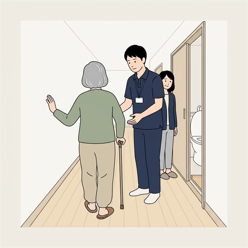 自宅の廊下を、杖を持った高齢の女性がトイレに向かって歩き、横で理学療法士が手を添える構えで見守り、後ろから娘が付き添っている図
