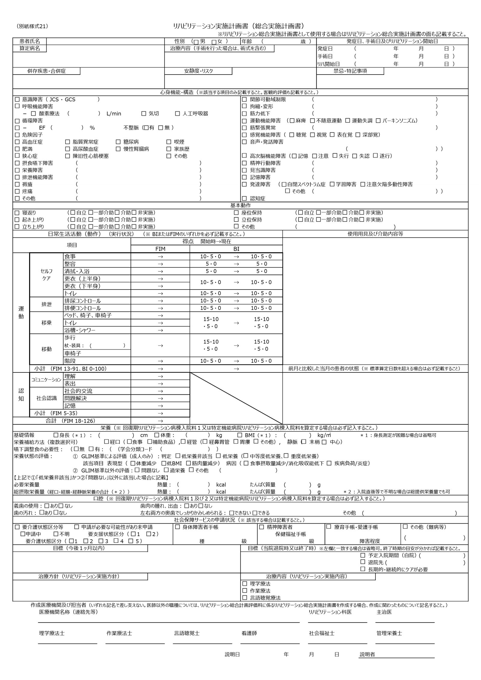 リハビリテーション実施計画書(総合実施計画書)の1ページ目。欄ごとに番号をつけた図