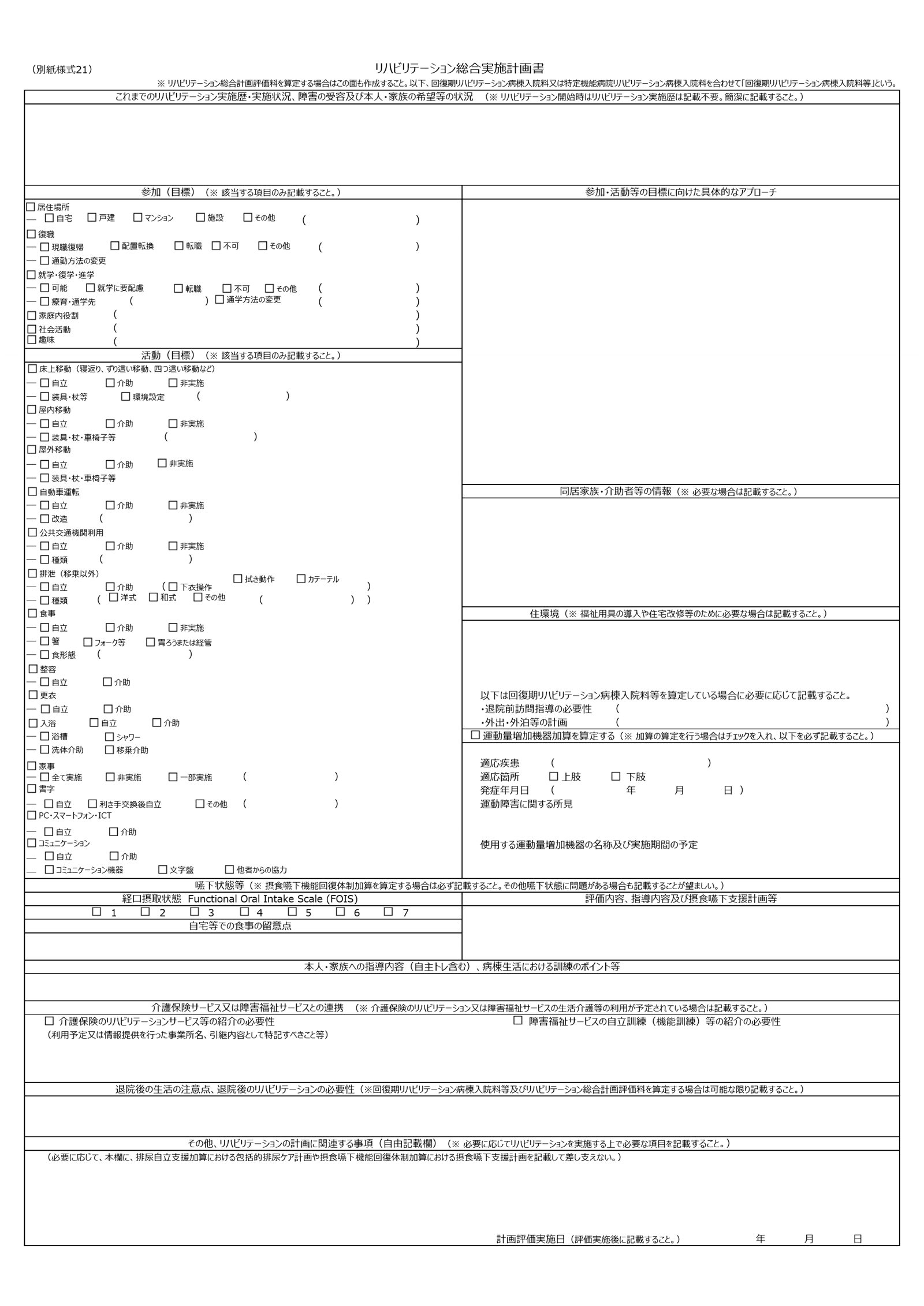 リハビリテーション総合実施計画書の2ページ目。欄ごとに番号をつけた図