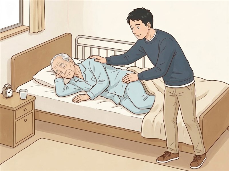 ベッドで横向きに寝ている高齢の男性の肩と腰に手を添えて、そばで支える息子