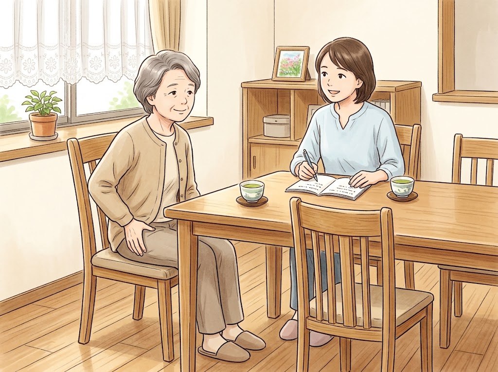 居間のテーブルで、脚の付け根に手をそえた女性に、娘が隣に座ってノートを手に話を聞いている