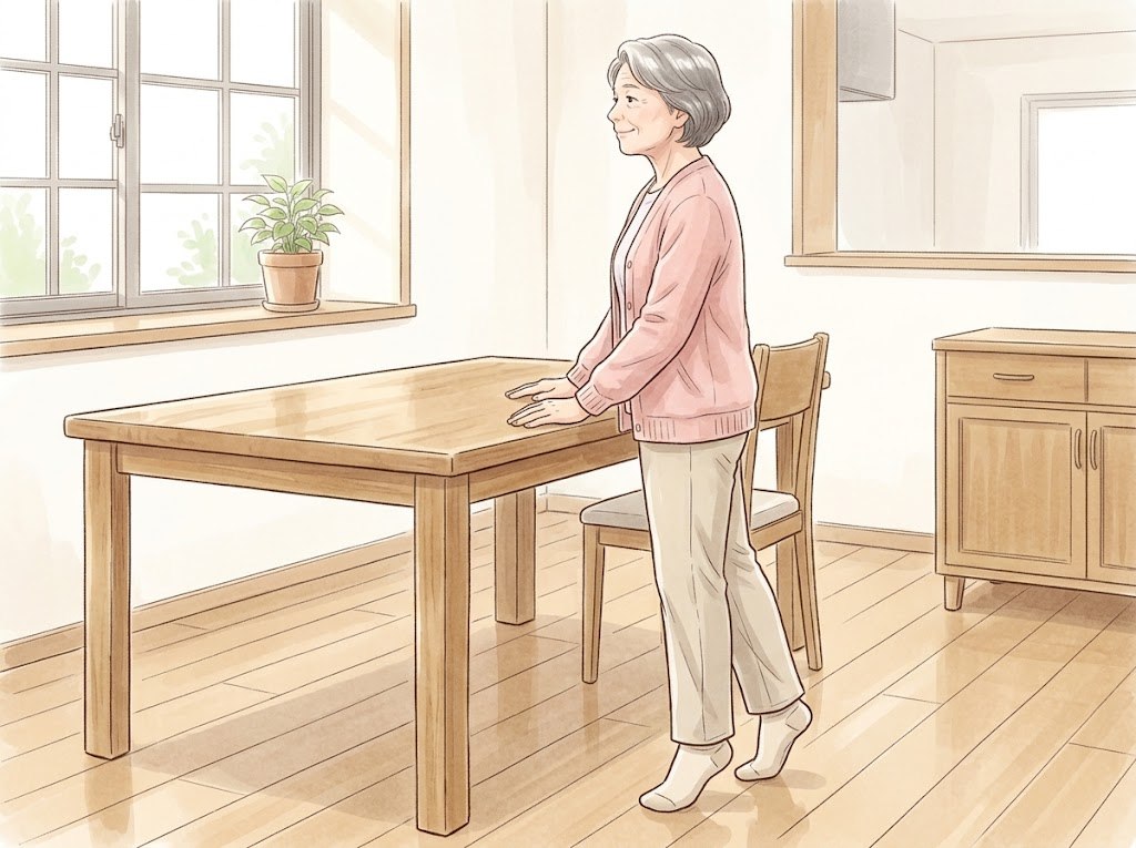 ダイニングのテーブルに両手をついて、かかとを持ち上げてつま先立ちになっている女性