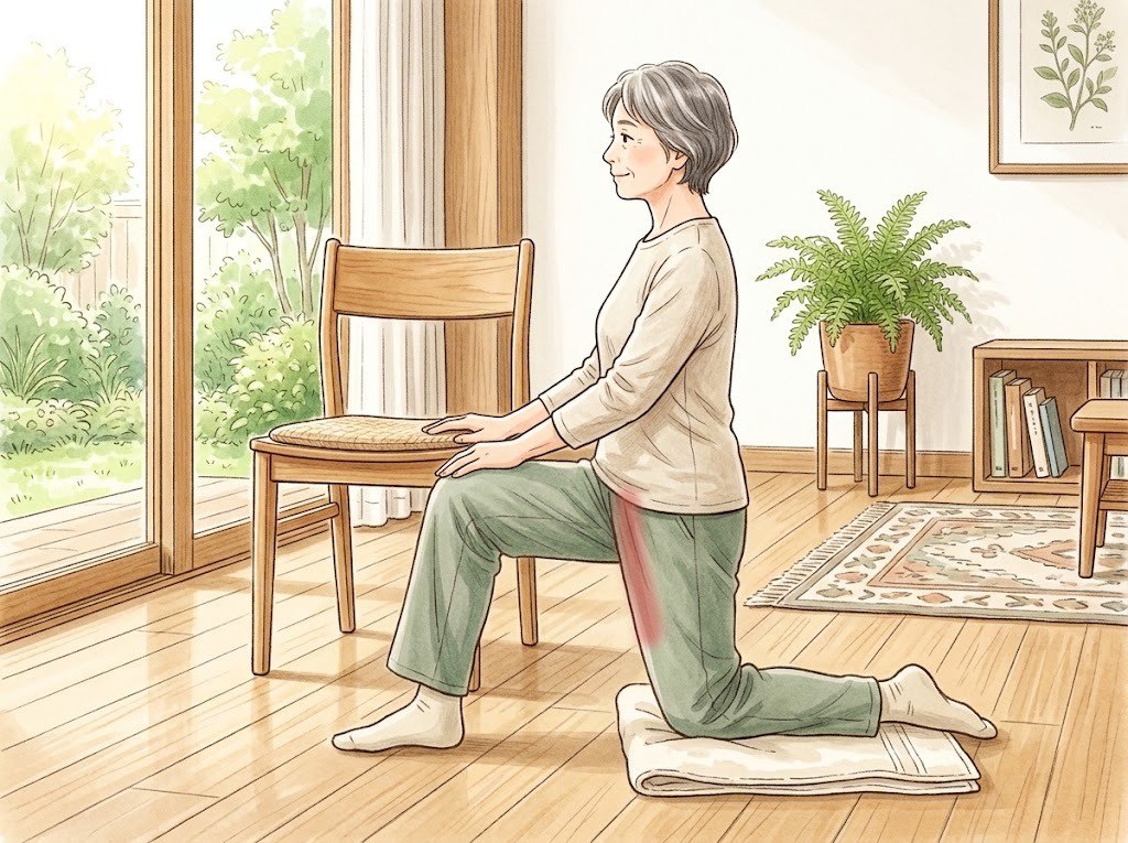 いすの座面に両手をそえて、片膝を床につき、上体をまっすぐにして、後ろ脚の股関節の前を伸ばしている女性。後ろ脚の付け根の前から太ももの前にかけてが、赤く示されている