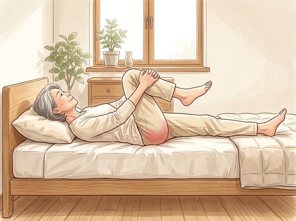 ベッドで仰向けに寝て、片方の膝を両手で胸に抱え、反対の脚は伸ばしている女性。抱えている側のお尻が、赤く示されている