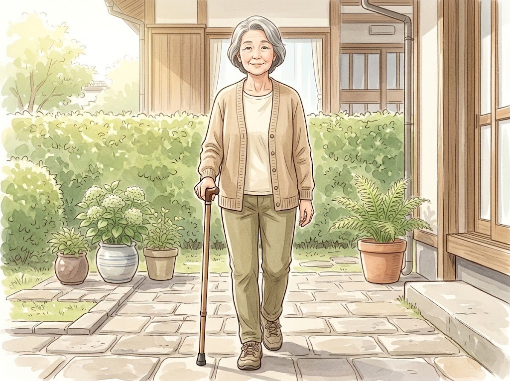 女性が、右手でT字杖を持って、庭先の石畳の道を歩いている