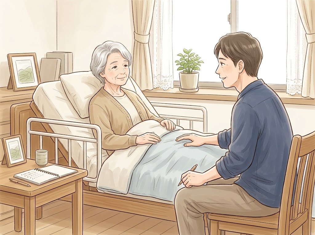 介護用ベッドの上で上体を起こした女性に、ベッドの脇のいすに座った息子が、脚の付け根の様子を聞いている