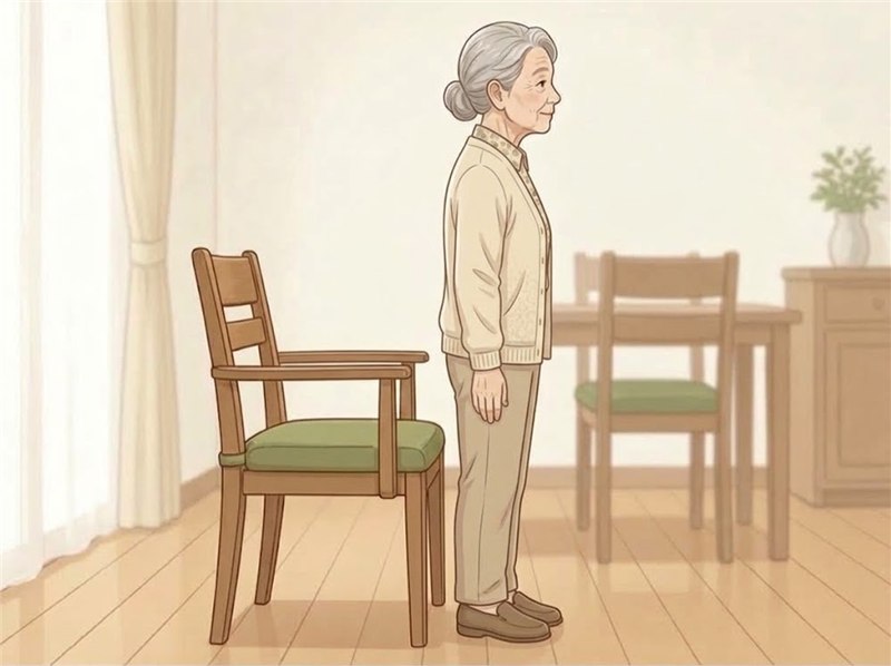 いすに背を向け、ふくらはぎの後ろが座面に触れる位置で、まっすぐ立っている女性