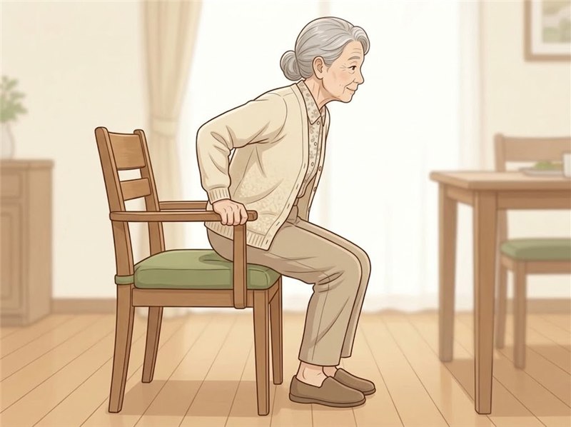 両手で肘かけを押して体を支え、膝と股関節を曲げながら、お尻をゆっくり座面へ下ろしている女性