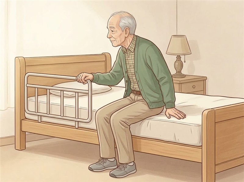 ベッドの柵を片手で握り、反対の手をマットレスに添えて、ベッドの端に腰かけている男性