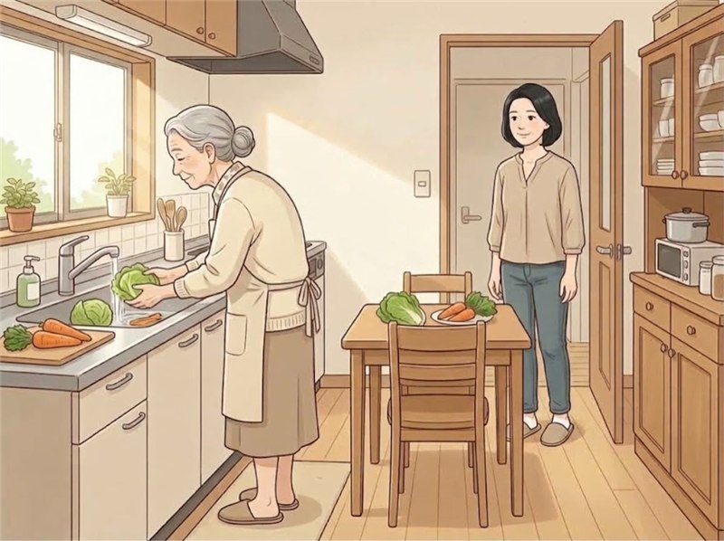 台所で野菜を洗う、背中の丸くなった母と、入口からその後ろ姿をおだやかに見ている娘
