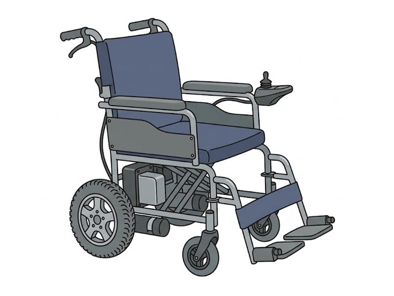 座面の下にモーターとバッテリーが付き、右のひじ掛けの先に操作用のレバーが付いた電動車いすの図