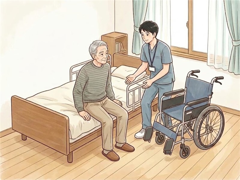ベッドの端に座った高齢の男性の横に、車いすがななめに置かれ、理学療法士が乗り移りを見守っている図。ベッドと車いすのまわりに、動ける広さがある