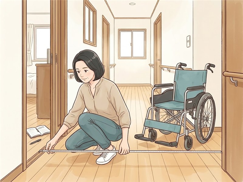 廊下で、女性がメジャーを壁から壁へ当てて、幅を測っている図。横には空の車いすが置かれている