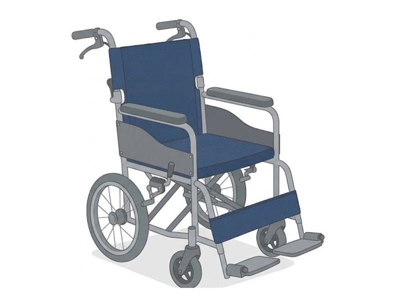後ろの車輪が小さく、押し手のグリップに介助する人用のブレーキレバーが付いた、介助用の車いすの図