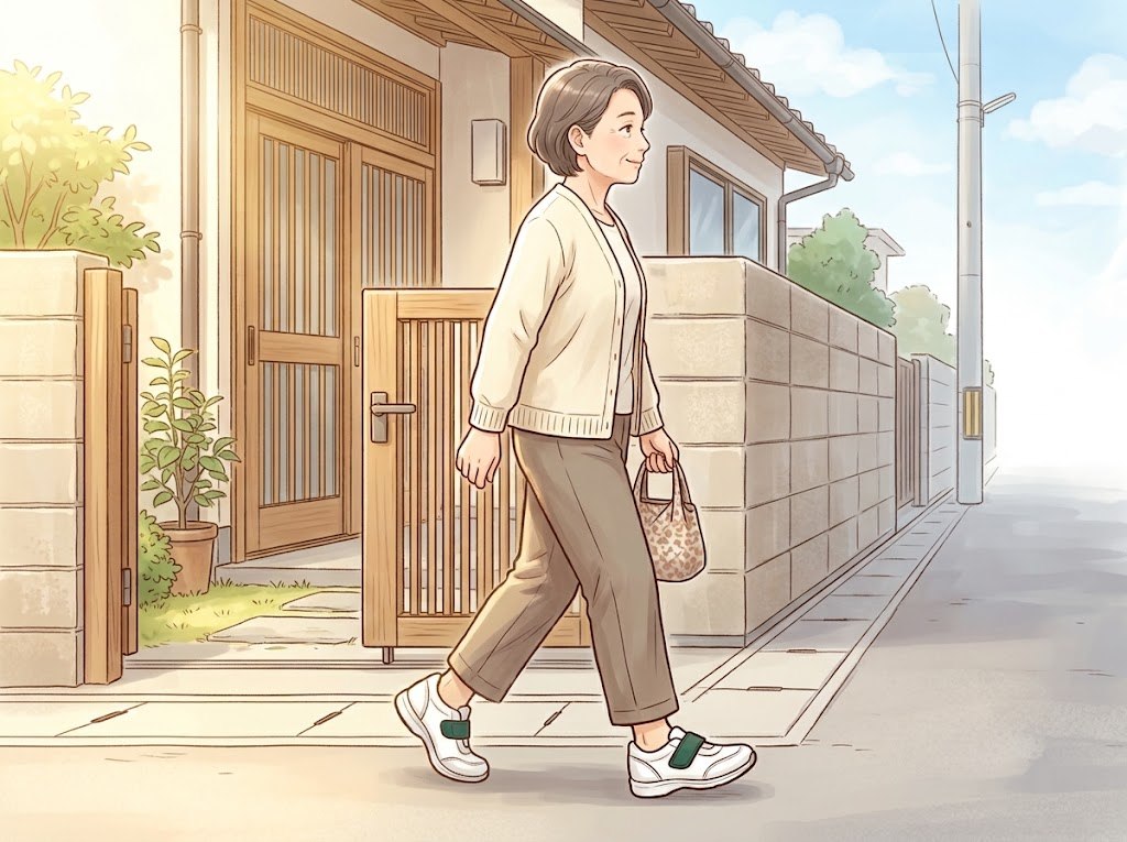 白い運動靴を履いた高齢の女性が、自宅の門の前の歩道を歩いている図。後ろの足はかかとが地面から離れ、つま先で地面を押している