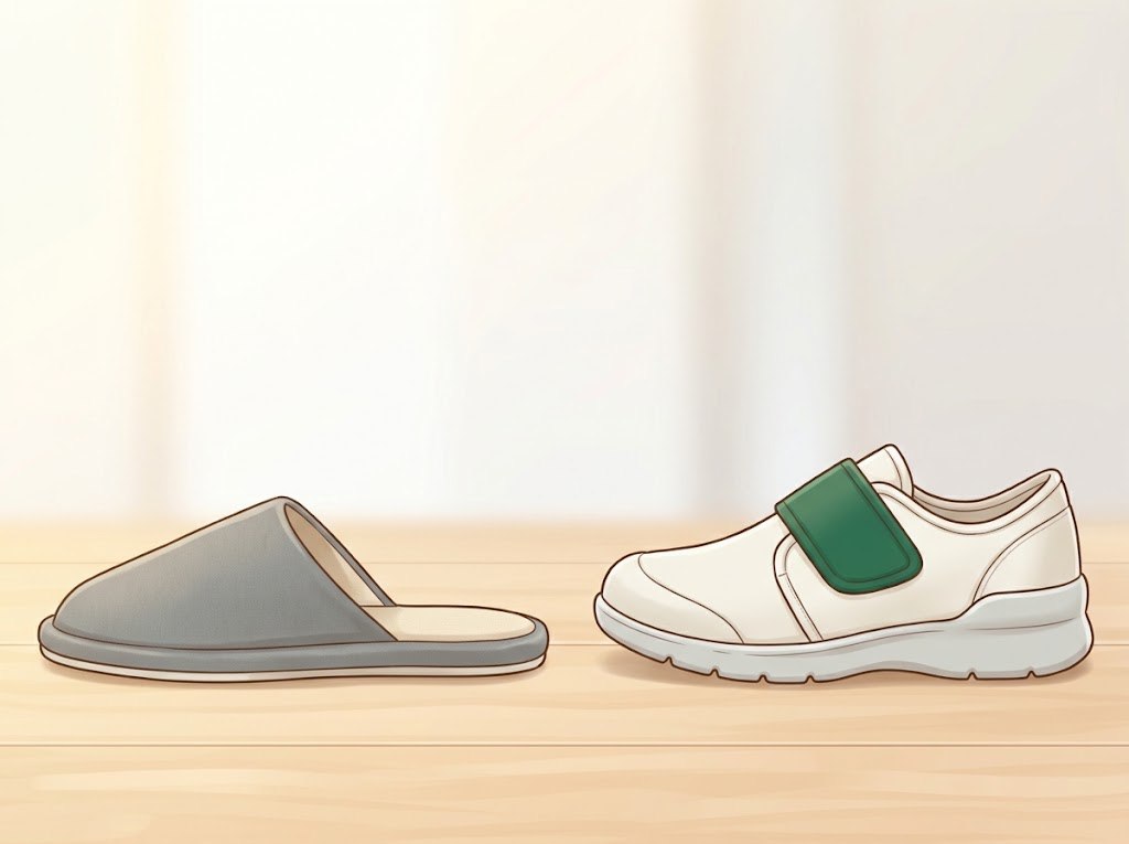 木の床に並べて置かれた、かかとのないスリッパと、かかとまで覆われた室内履きの図