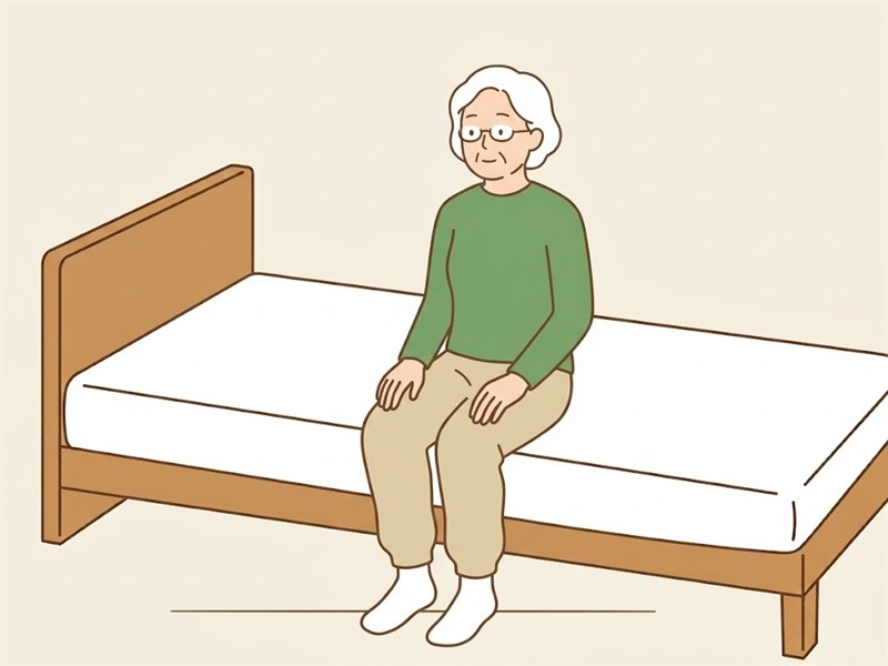 ベッドの端に腰かけ、両足の裏が床についた姿勢