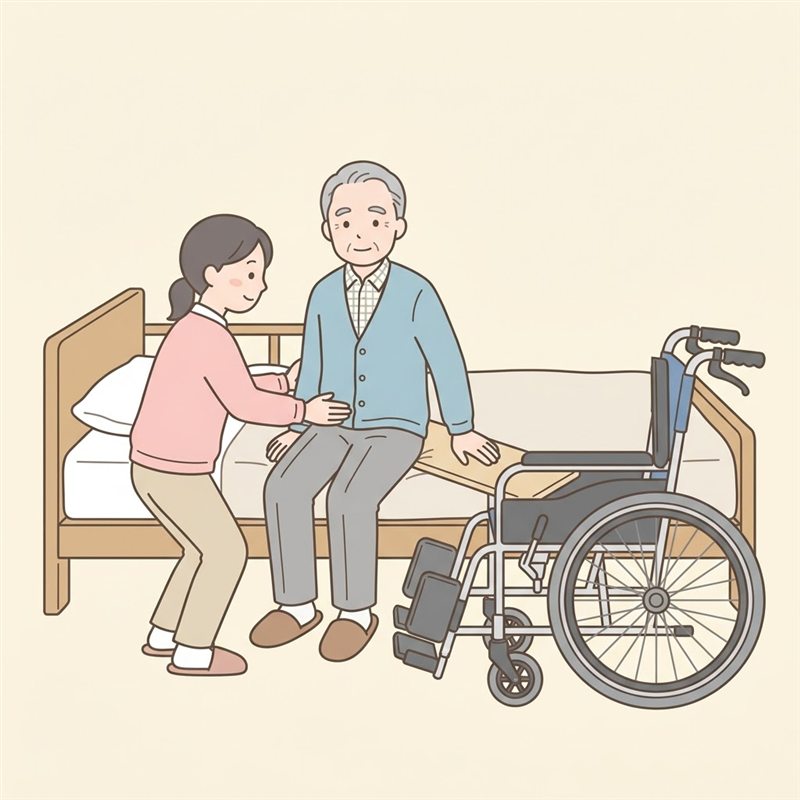 介護ベッドの端に座った高齢の男性が、お尻の下から車いすの座面へ渡した板の上に手をついている図。車いすはベッド側のひじ掛けを跳ね上げ、フットプレートを上げてある。娘がひざを曲げて男性の前に立ち、両手で腰を支えている