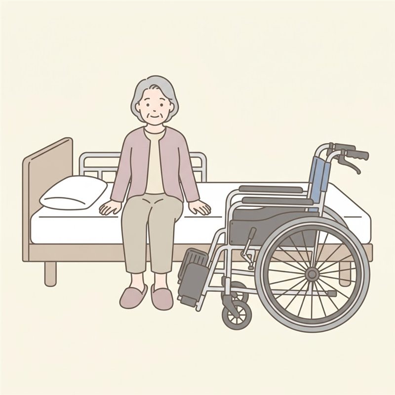 介護ベッドの端に腰かけた高齢の女性と、そのすぐ横に置いた車いすを正面から見た図。車いすは、背もたれを足元側に、座面の正面を女性のひざのほうに向けて、ベッドに対して少し斜めに置かれている。フットプレートは左右とも上げてある