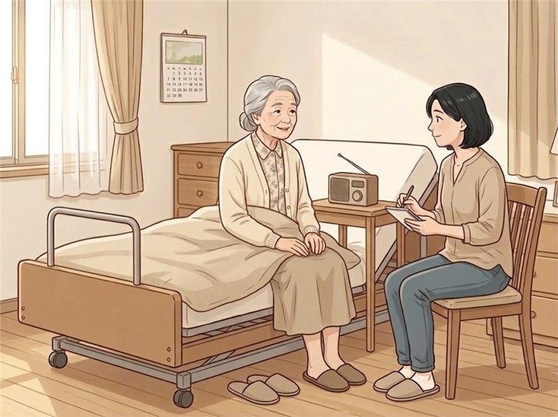 介護ベッドのそばで、ラジオを聞く高齢の女性と、ノートを手に話を聞く娘