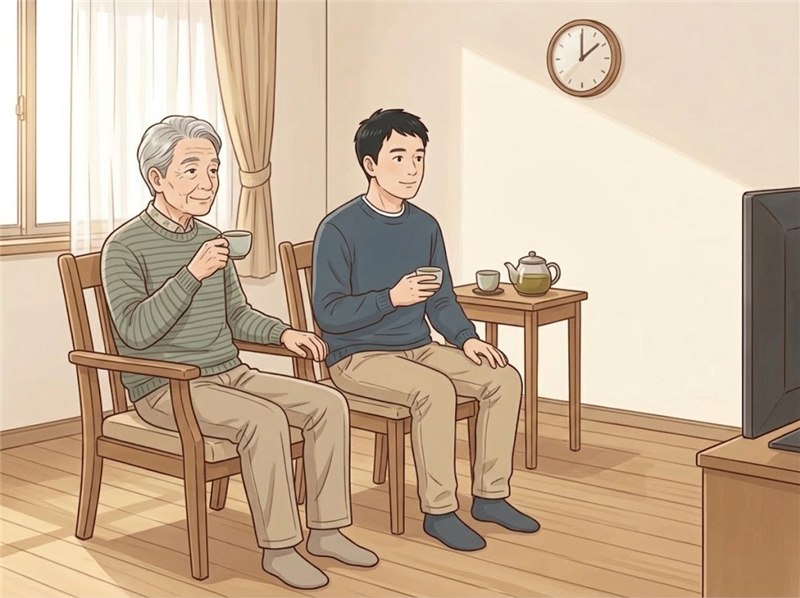 食事のあと、ひじかけ付きのいすに座ってお茶を飲む高齢の男性と、隣でお茶を飲む息子