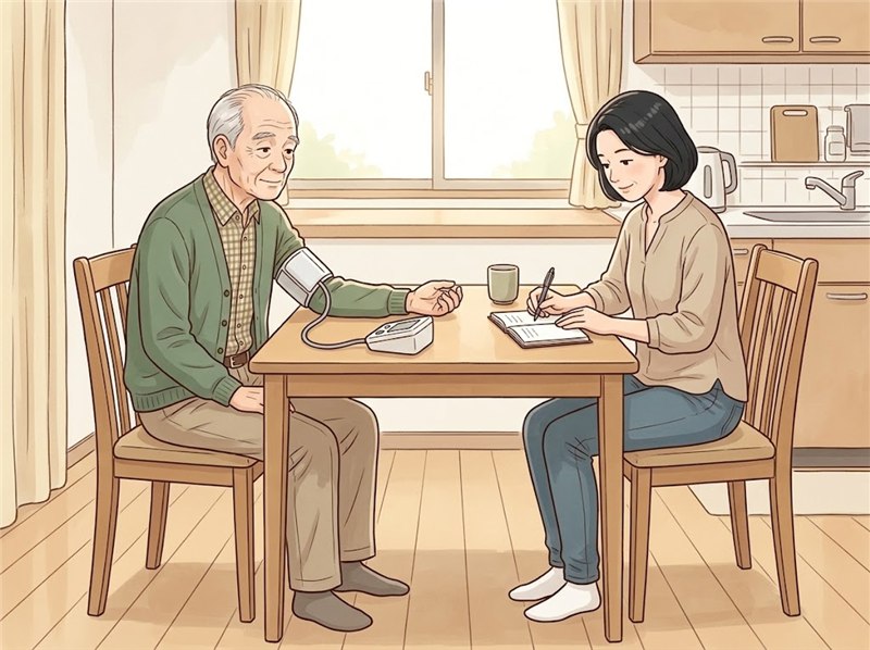 食卓で、上腕式の血圧計で血圧を測る高齢の男性と、手帳に数字を書く娘