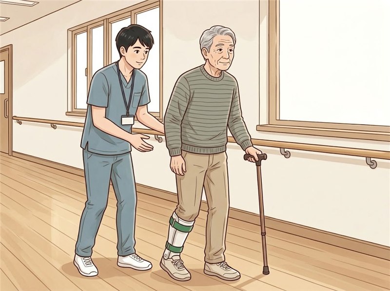 装具を着けて、杖で歩く高齢の男性と、すぐ後ろで見守る理学療法士