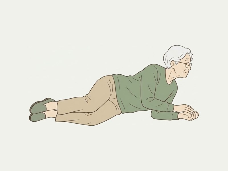 床の上で体を右に向け、両腕を体の前について、四つばいになる準備をしている高齢の女性