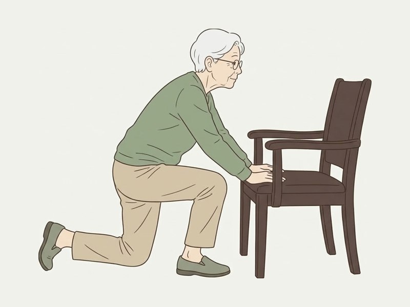 いすの座面に両手をつき、片方の膝を立てて足の裏を床につけた高齢の女性