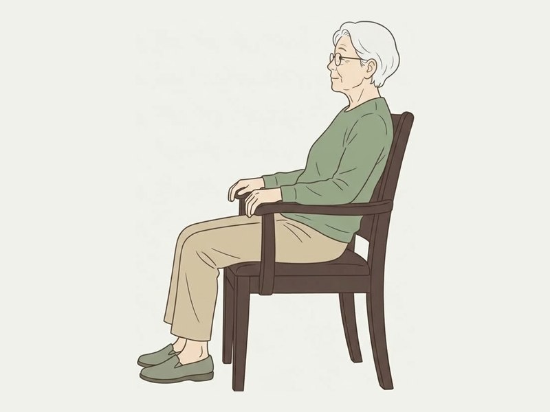 木製のひじ掛けいすに深く腰かけ、両足の裏を床につけて休んでいる高齢の女性