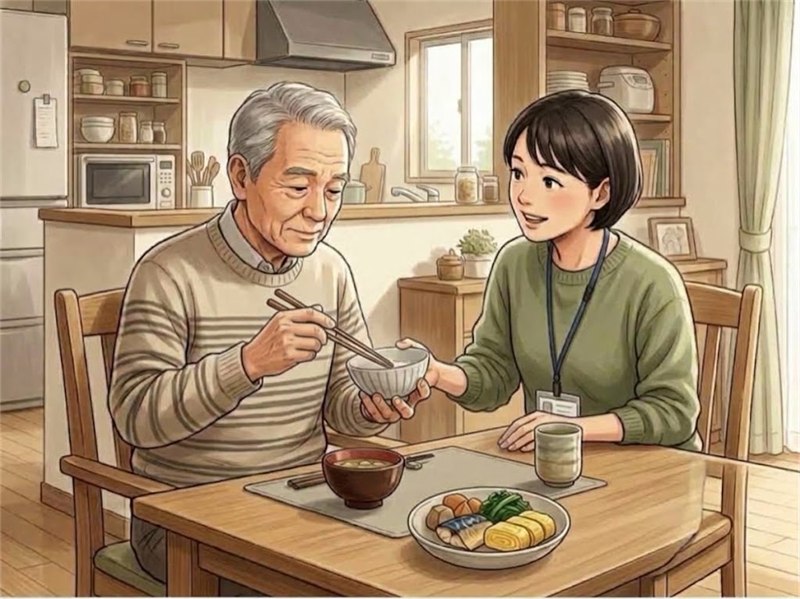 自宅のダイニングテーブルで、高齢の男性が箸で食事をし、隣に座った作業療法士が手元を見守りながら話しかけている図
