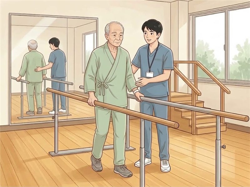 リハビリ室の平行棒の中で、病衣を着た高齢の男性が手すりに手を添えて歩く練習をし、後ろから理学療法士が声をかけながら見守っている図。奥に鏡と階段の練習台がある