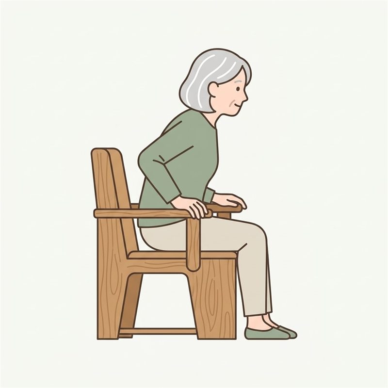肘掛けの付いた木製（家具調）のポータブルトイレに腰かけた高齢の女性を横から見た図。両手を肘掛けに置き、上体を前に傾けて立ち上がろうとしている