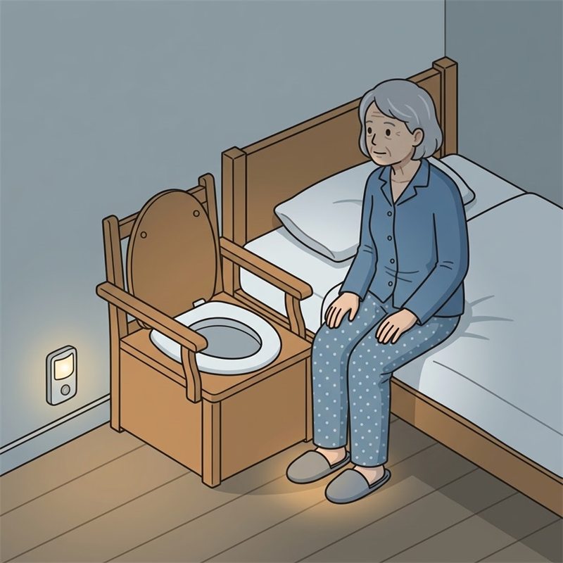 夜の寝室で、ベッドのすぐ横に置いた木製のポータブルトイレと、ベッドの端に腰かけて一息ついている高齢の女性の図