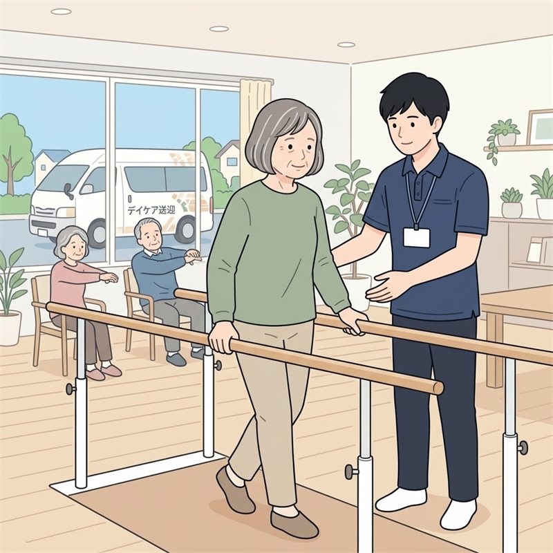 デイケアで、平行棒につかまって歩く練習をする高齢の女性と、横で見守る理学療法士。窓の外に送迎の車が見える図