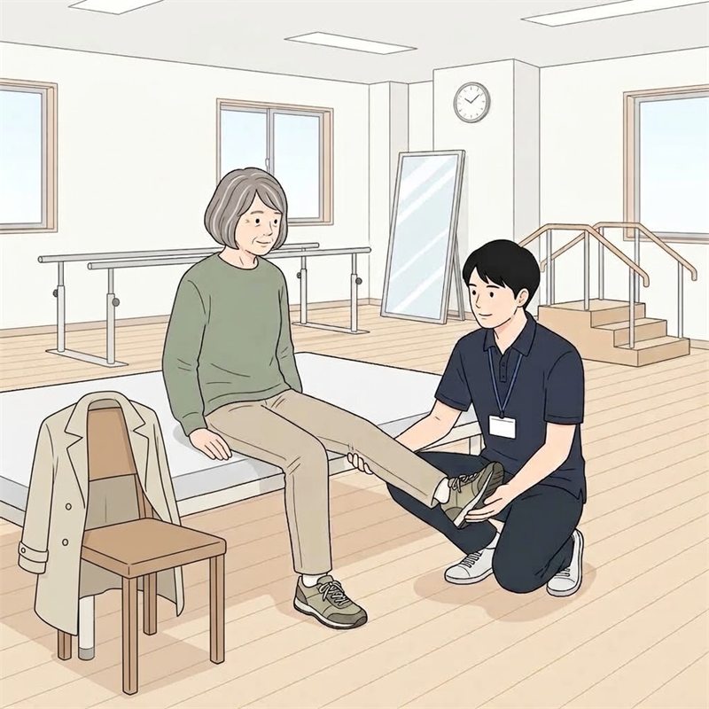 病院のリハビリテーション室で、低いベッドの端に腰かけた高齢の女性がひざを伸ばす運動をし、理学療法士がしゃがんで支えている図。奥に平行棒と鏡、階段の練習台がある