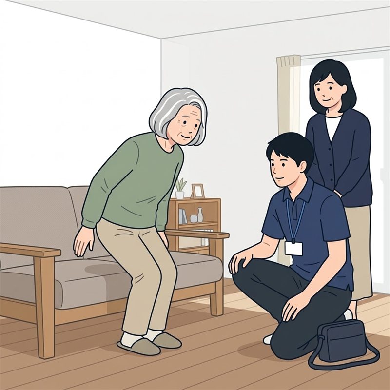 自宅の居間で、ソファから立ち上がる練習をする高齢の女性と、しゃがんで見ている理学療法士、後ろで見守る娘の図