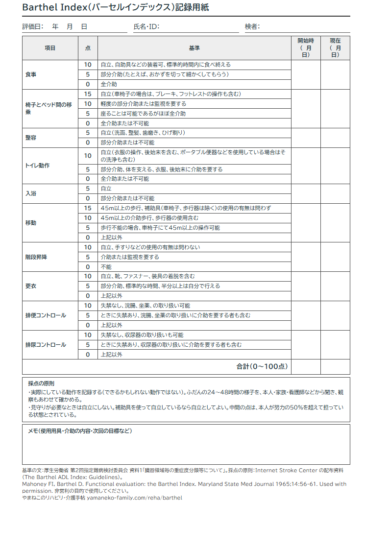 バーセルインデックスの記録用紙の見本(A4・10項目の基準、開始時と現在の記入欄、採点の原則つき)