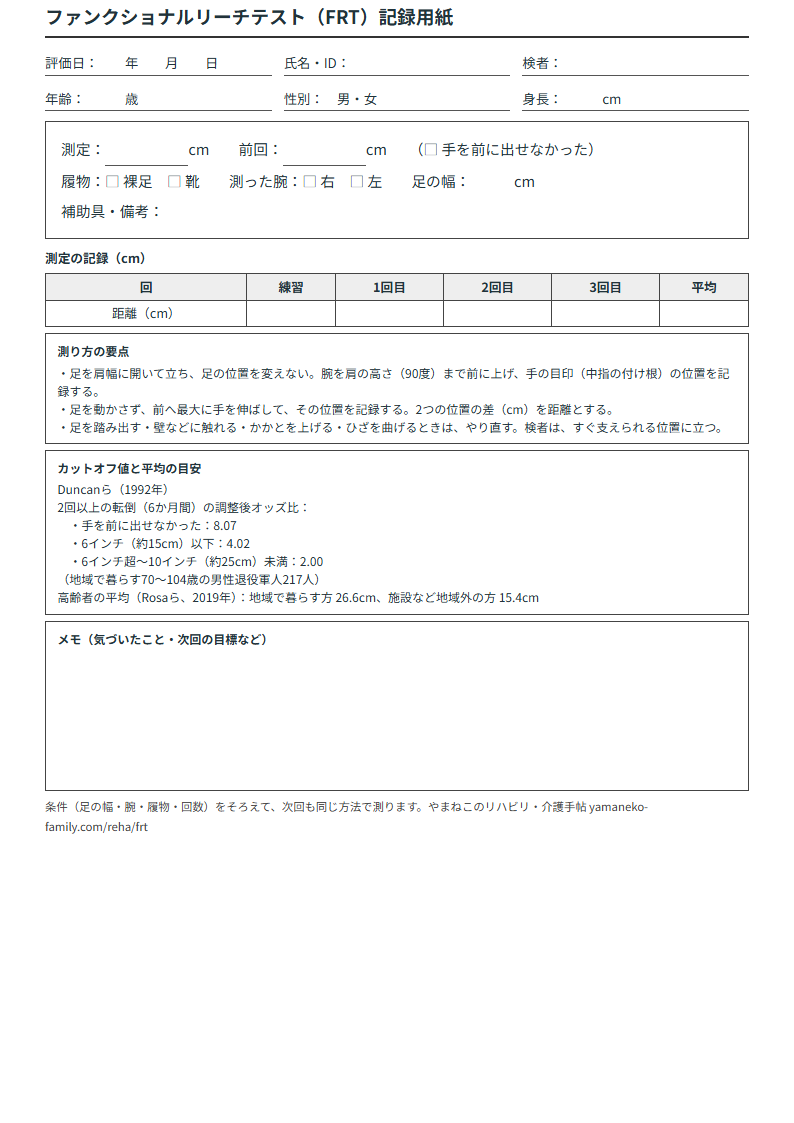 FRT記録用紙の見本(A4・距離の記入欄、測り方の要点、カットオフ値つき)