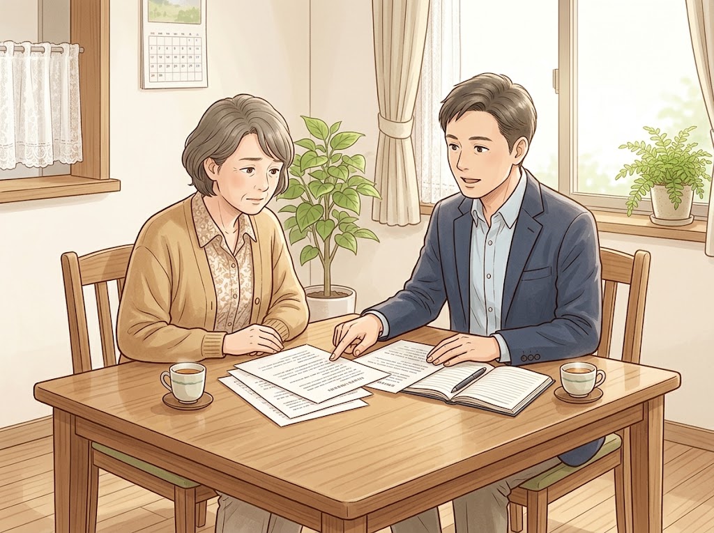 自宅の食卓で、ケアマネジャーが書類を指で示しながら、女性の家族に説明している様子
