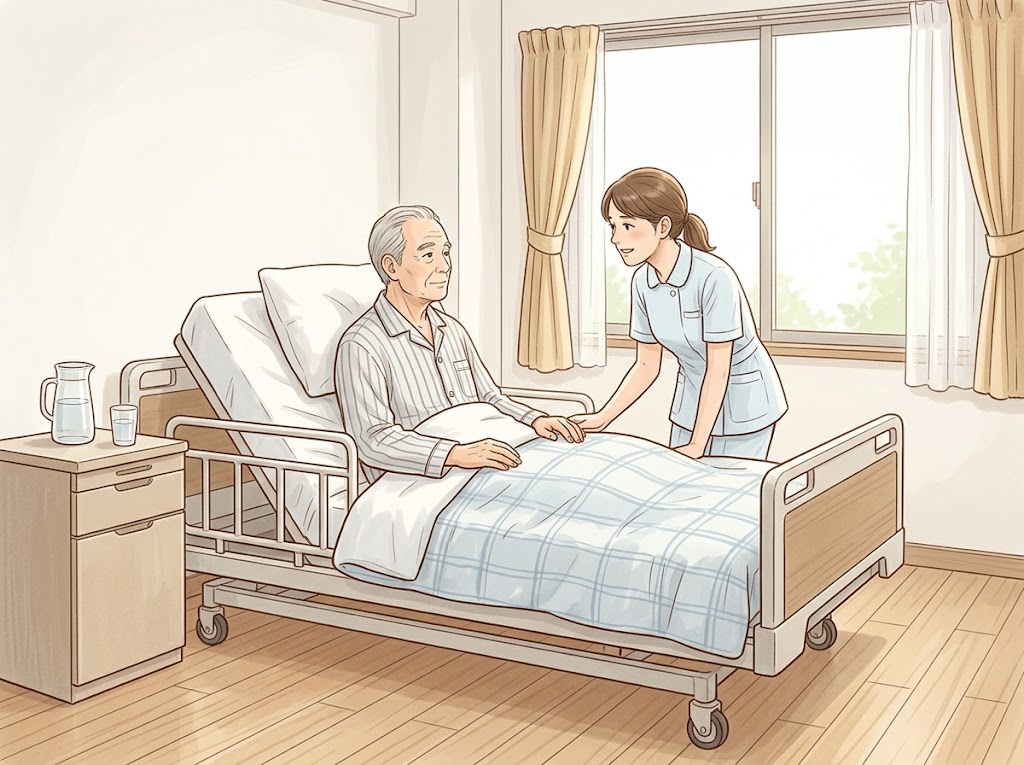 病室で、ベッドの背を少し上げて座る男性に、看護師が膝をかがめて声をかけている様子