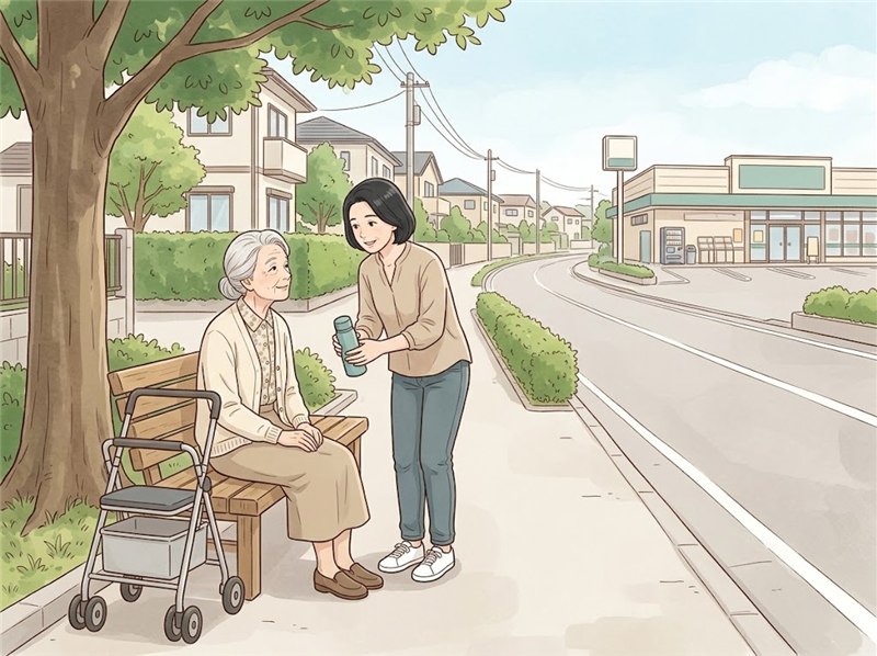 歩道の木の下のベンチで、高齢の女性が手押し車を脇に置いて休み、娘が水筒を渡している図。道の先にスーパーが見える