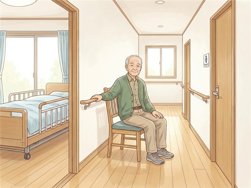 家の廊下で、高齢の男性が壁の手すりに手を添えて、途中に置いたいすに座って休んでいる図。左に介護ベッド、右の奥にトイレのドアがある