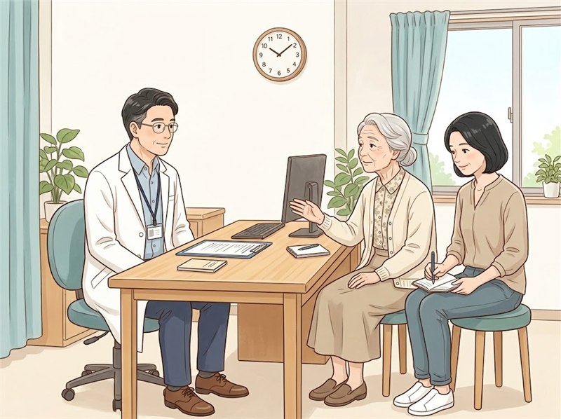 診察室で、高齢の女性が医師に向かって、歩ける距離を手ぶりで伝えている図。隣では娘がノートに書き留めている
