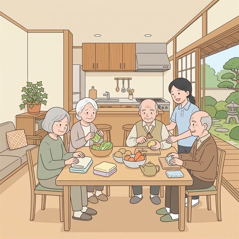 庭の見える家庭的な居間の食卓で、4人の入居者と介護職員が、野菜の皮むきやタオルたたみを一緒にしている様子