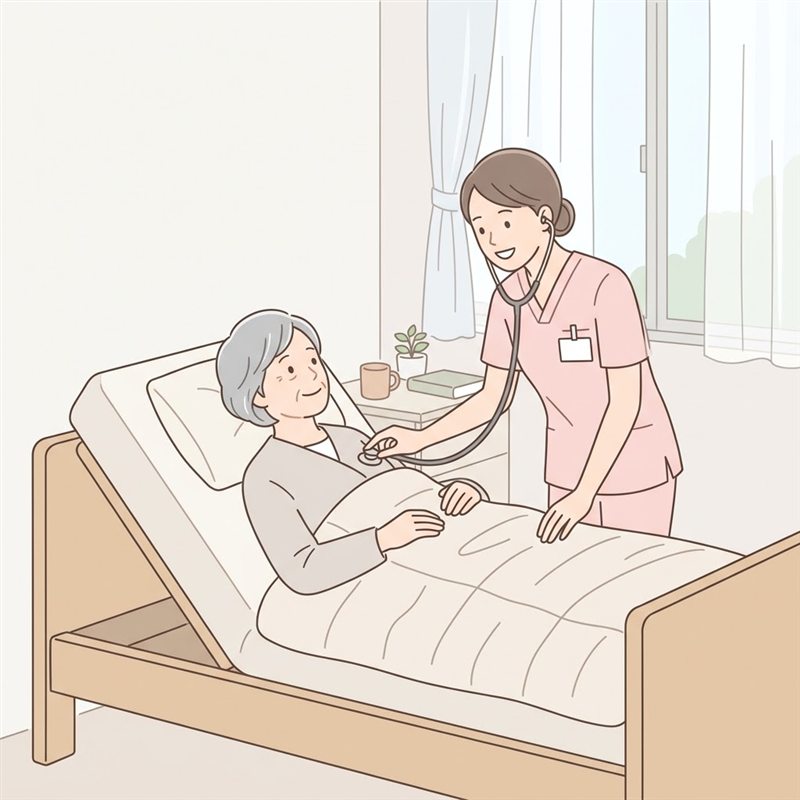 個室のベッドで休む高齢の女性を、看護師が聴診器でみている様子