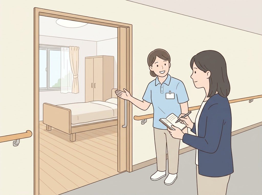 施設の廊下で、職員が居室を手で示しながら案内し、家族がメモを取っている様子