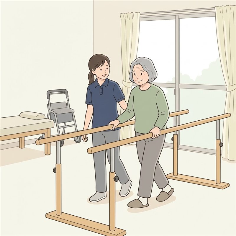 リハビリ室で、高齢の女性が平行棒につかまって歩く練習をし、理学療法士が横から支えている様子