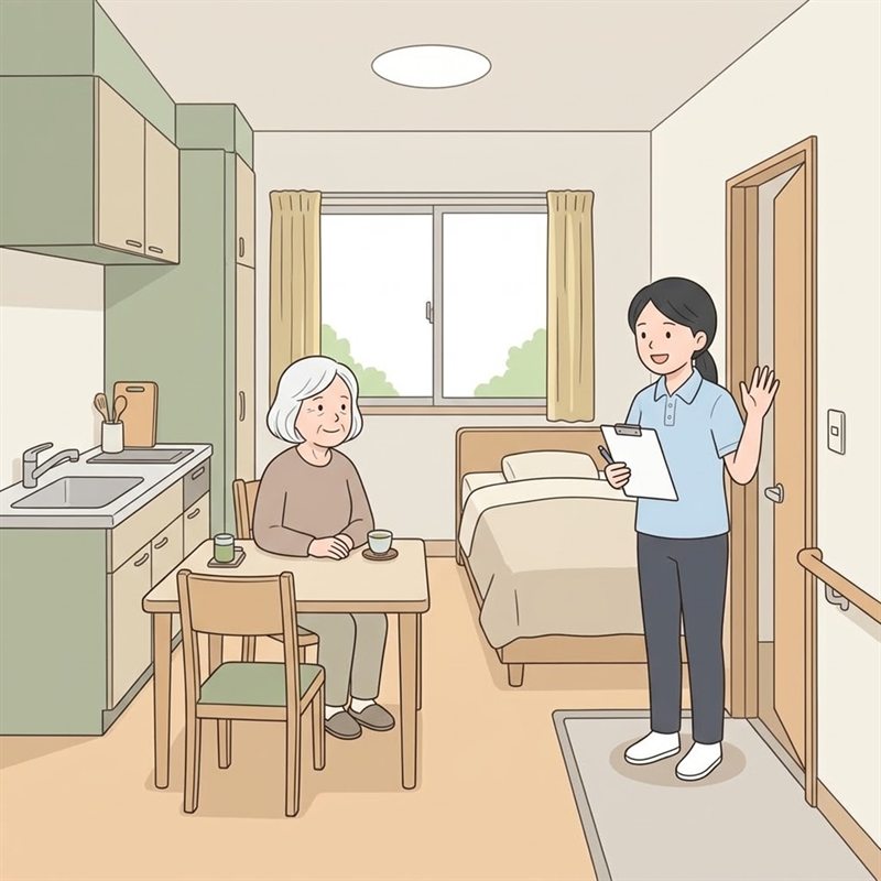 小さな台所の付いた自分の部屋で過ごす高齢の女性を、職員が玄関から様子を見に訪ねている様子